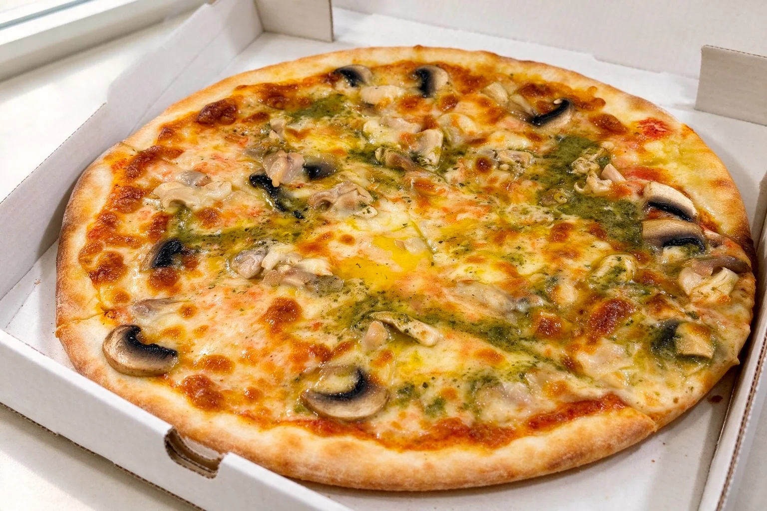 Frisch gebackene Steinofen-Pizza zubereitet für die Lieferung im Pizzakarton