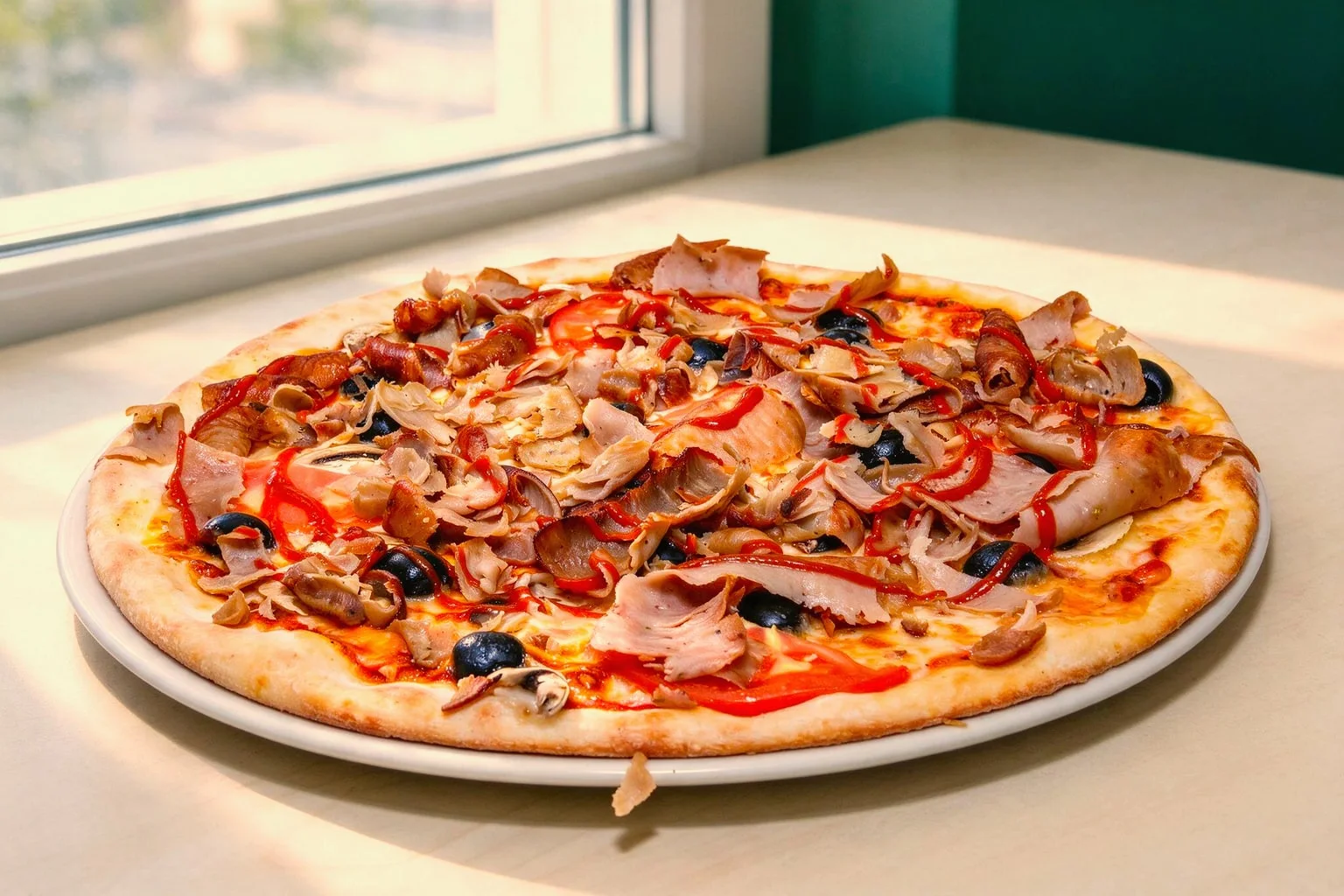 Knusprige Steinofen-Pizza belegt mit Kebabfleisch, Oliven und Tomaten auf einem weissen Teller