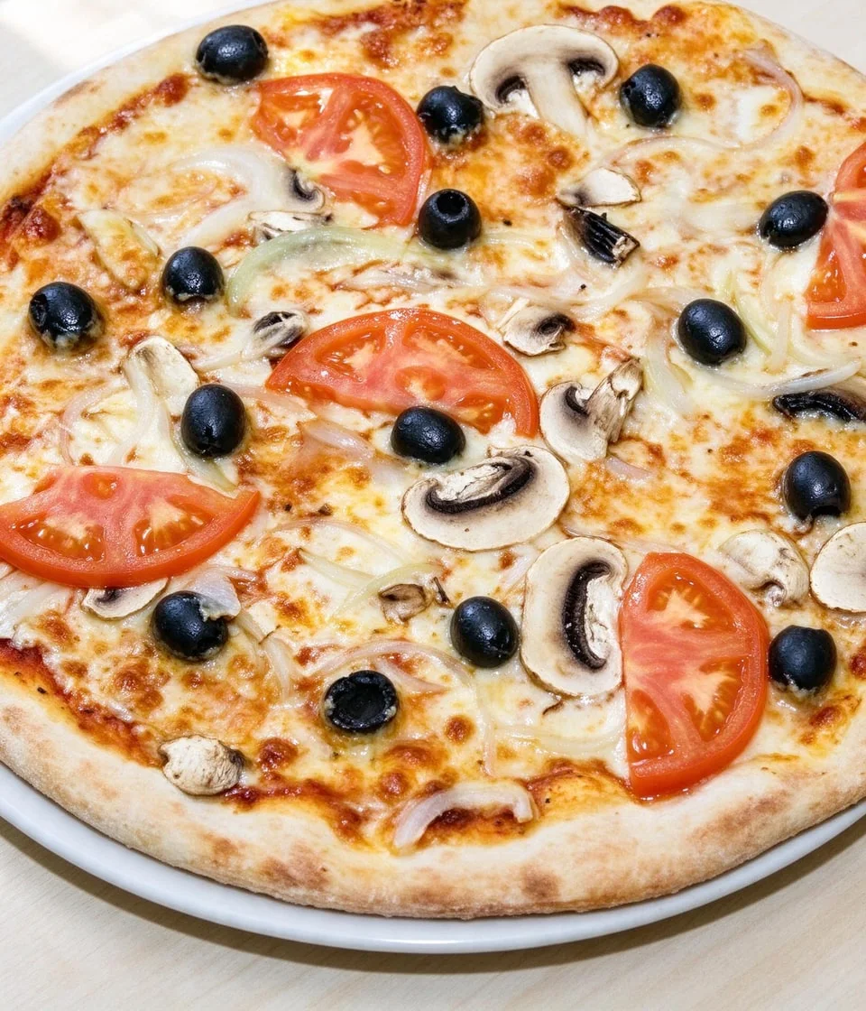 Runde Pizza mit Tomaten, Oliven und Käse von oben