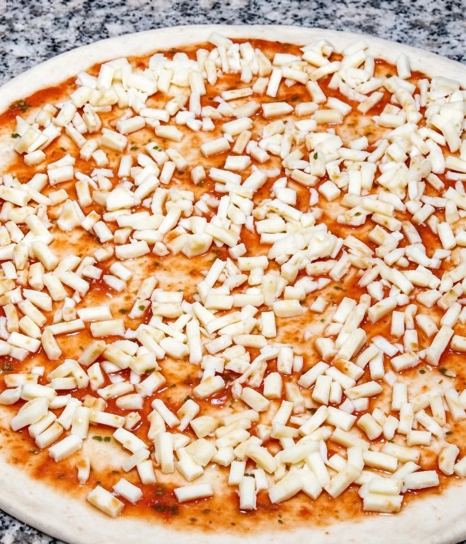 Pizzateig mit Tomatensauce auf Granitfläche